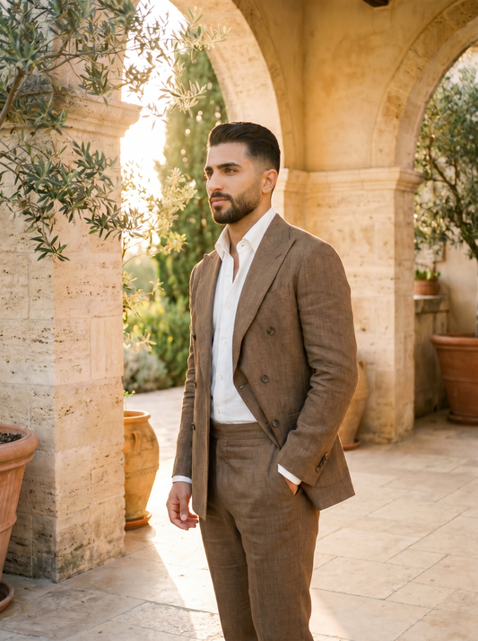 Brown Linen Double Breasted Suit — Custom Made to Measure - side view