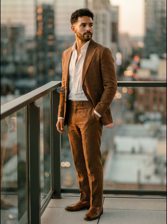 Brown Linen Groomsmen Suit — Custom Made to Measure - side view