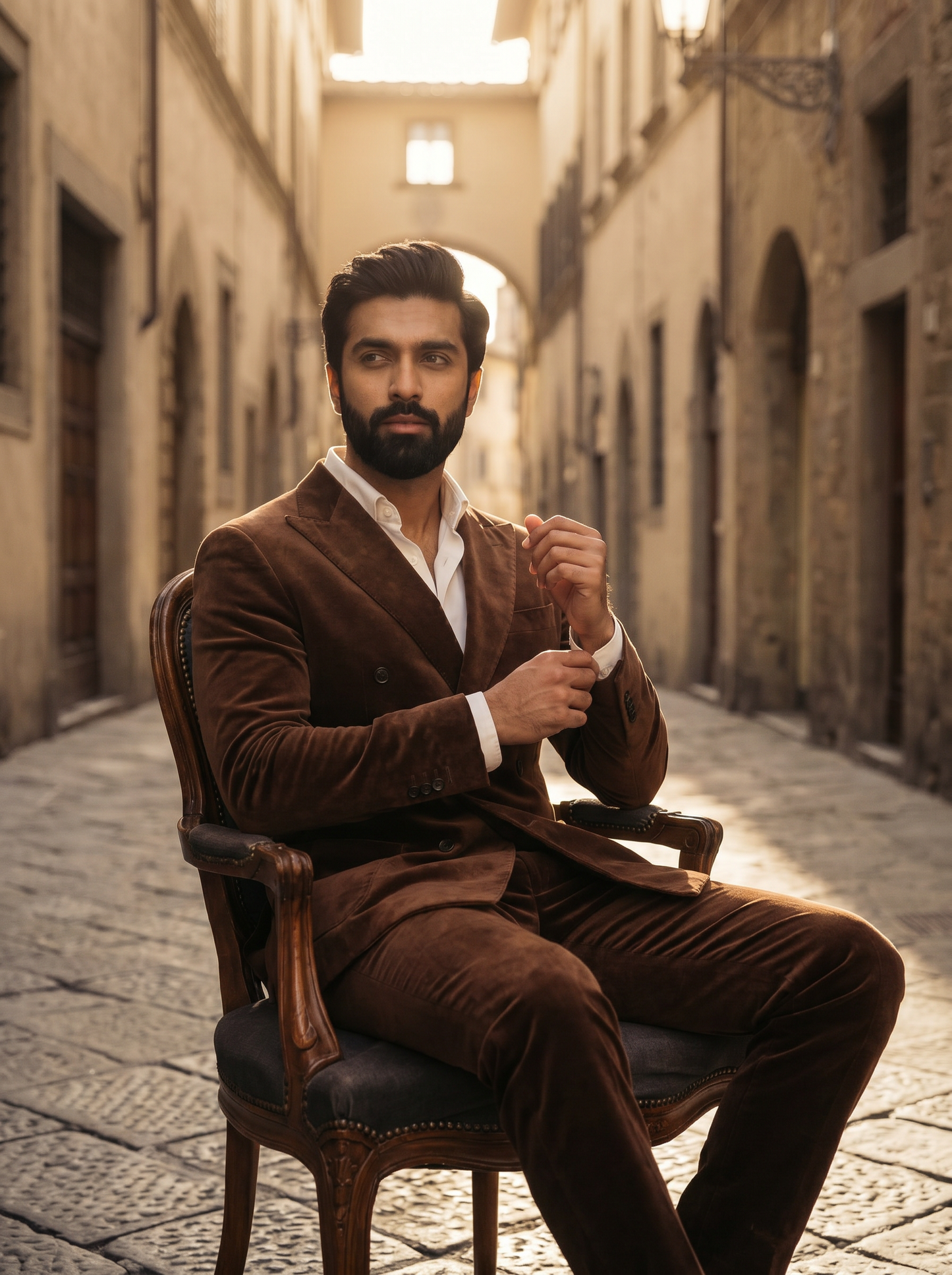 Brown Velvet Double Breasted Suit — Custom Made to Measure - seated view