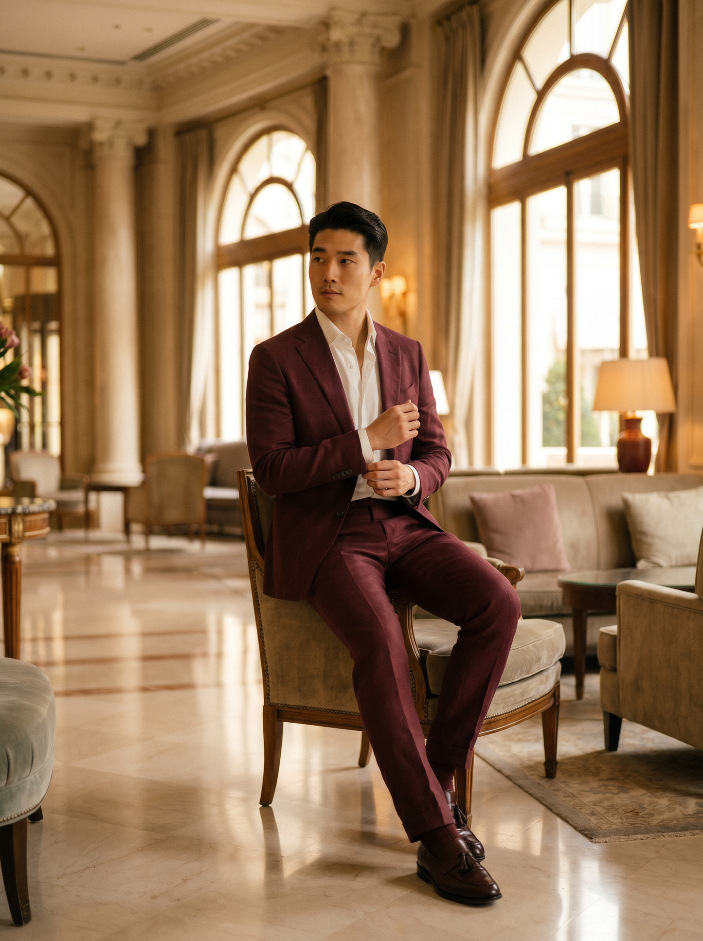 Burgundy Linen Groomsmen Suit — Custom Made to Measure - seated view
