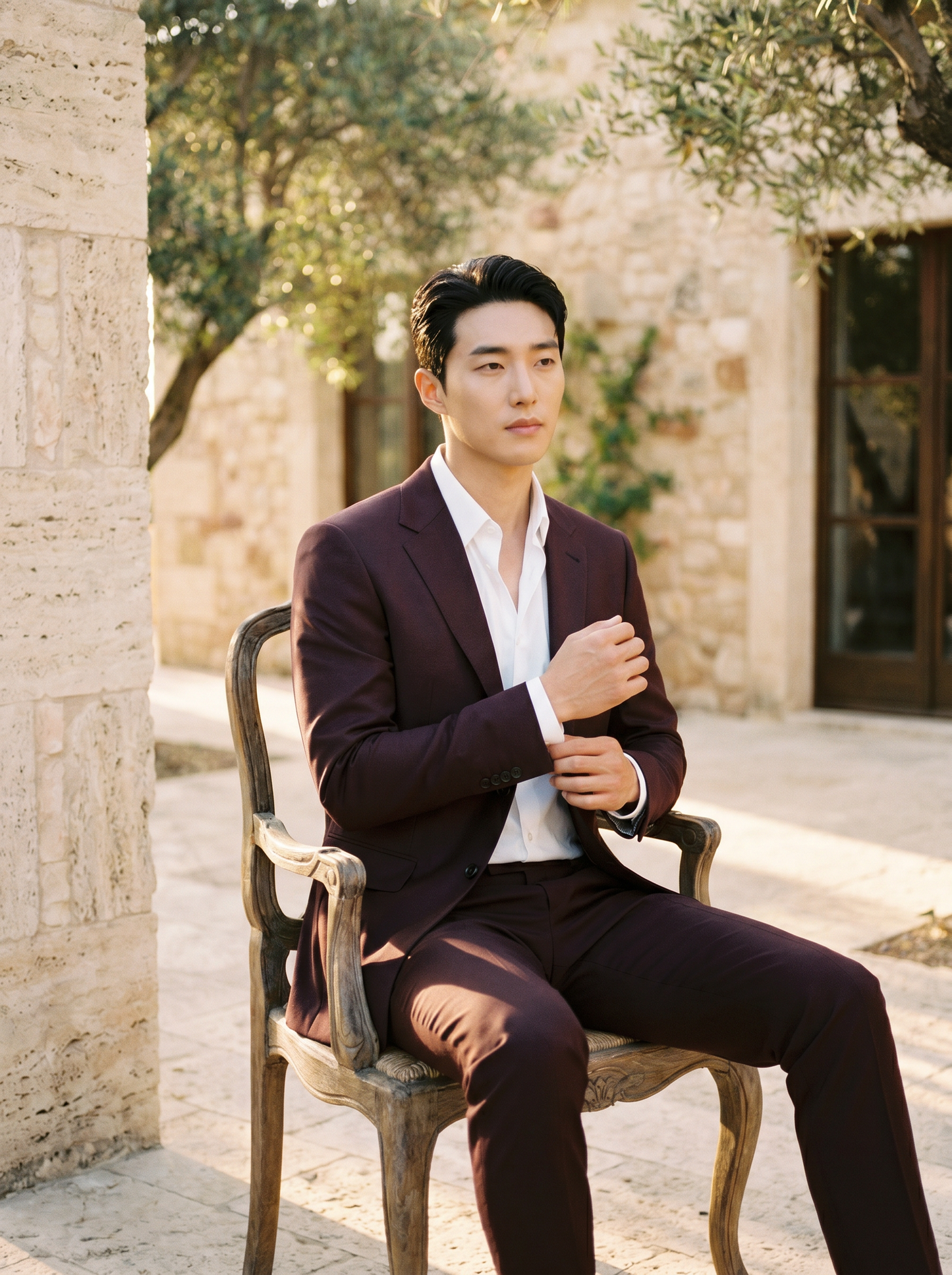 Burgundy Silk Blend Suit — Custom Made to Measure - seated view