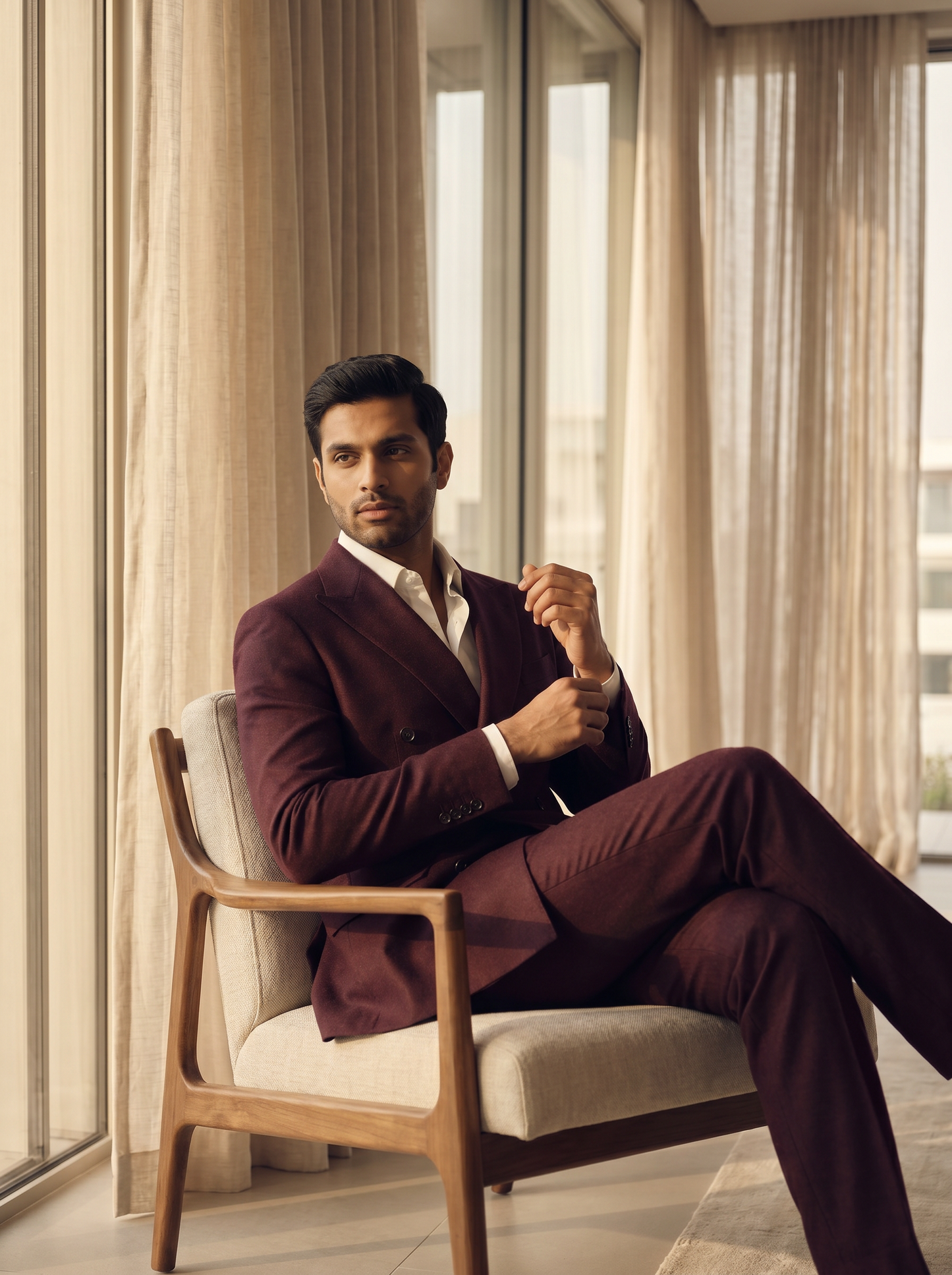 Burgundy Wool Double Breasted Suit — Custom Made to Measure - seated view