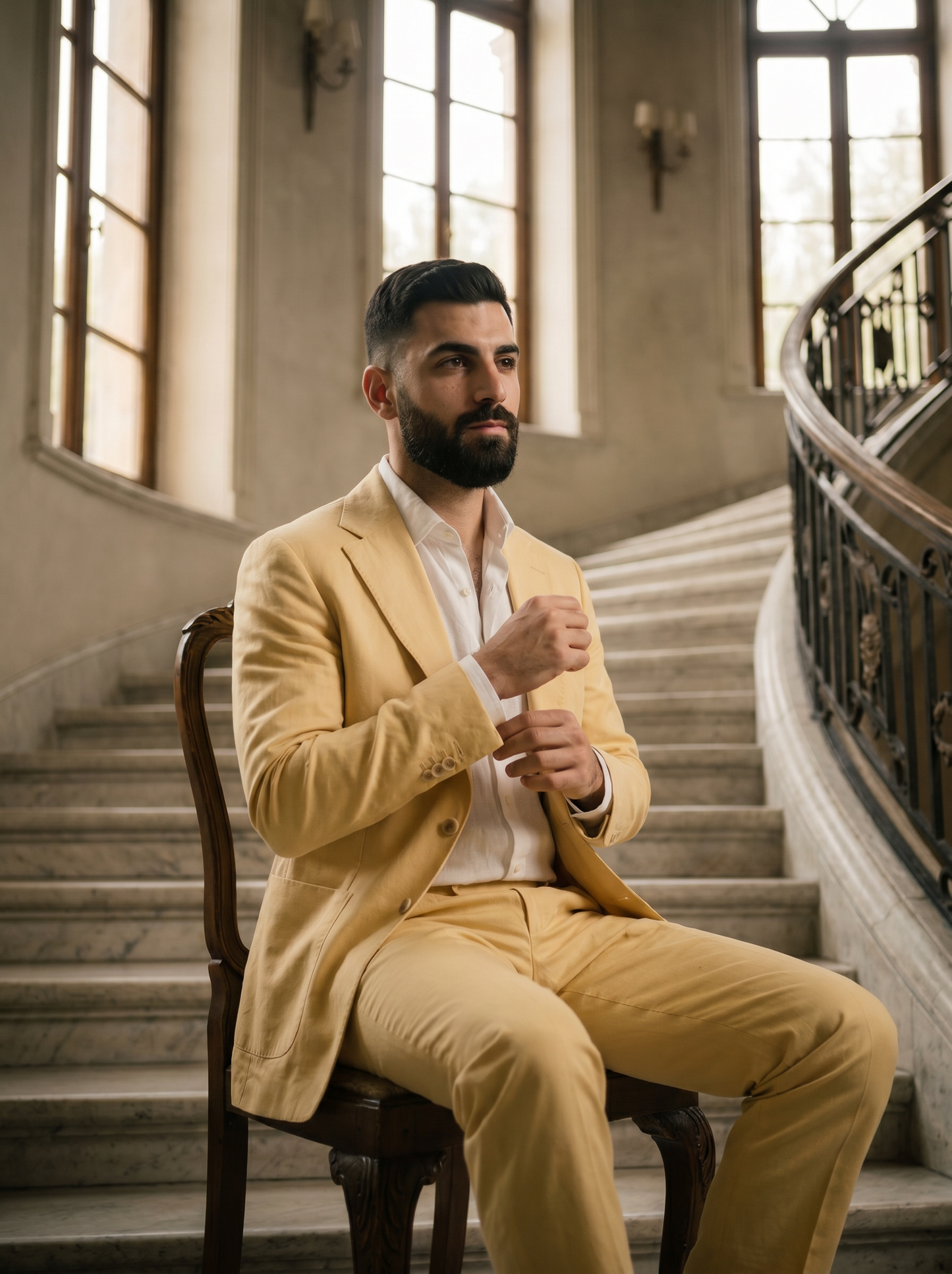 Butter Yellow Cotton Suit — Custom Made to Measure - seated view