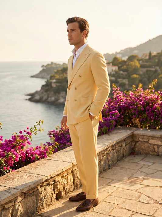 Butter Yellow Wool Double Breasted Suit — Custom Made to Measure - side view