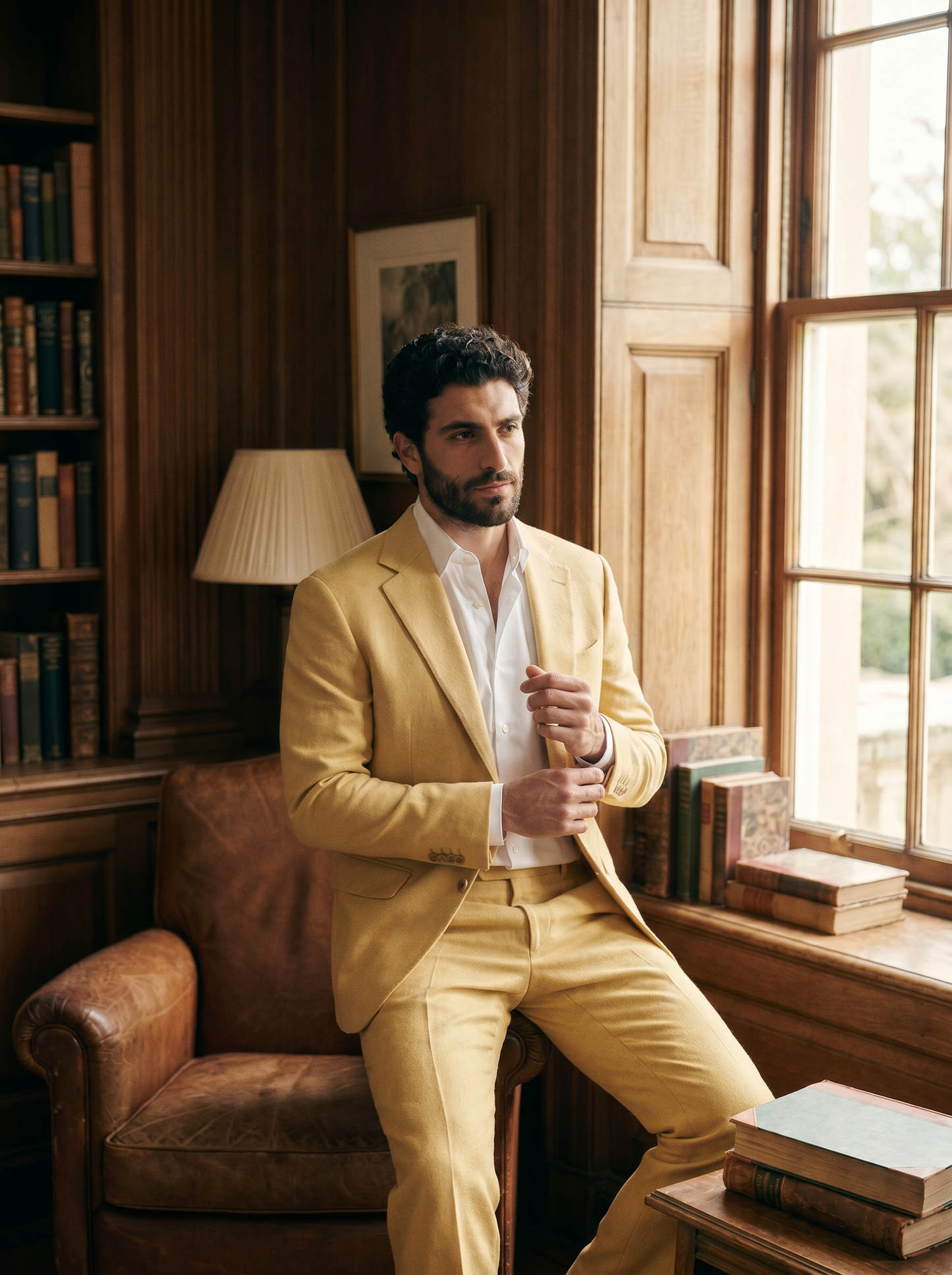 Butter Yellow Wool Suit — Custom Made to Measure - seated view
