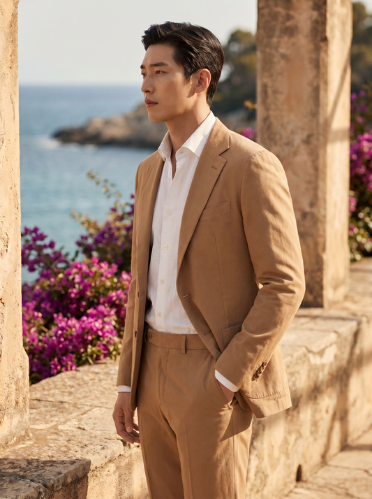 Camel Cotton Groomsmen Suit — Custom Made to Measure - side view