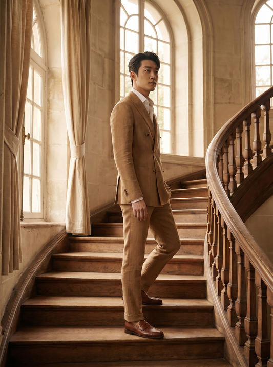 Camel Linen Double Breasted Suit — Custom Made to Measure - side view
