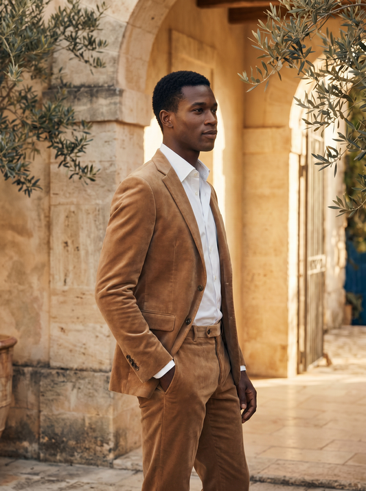 Camel Velvet Groomsmen Suit — Custom Made to Measure - side view