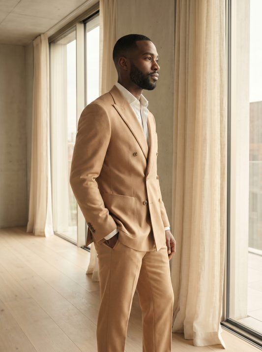 Camel Wool Double Breasted Suit — Custom Made to Measure - side view