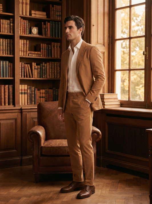 Caramel Cotton Groomsmen Suit — Custom Made to Measure - side view