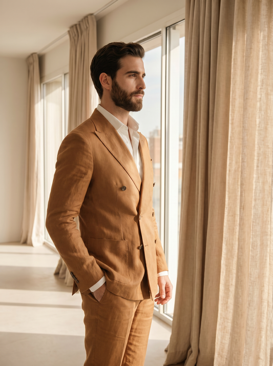 Caramel Linen Double Breasted Suit — Custom Made to Measure - side view