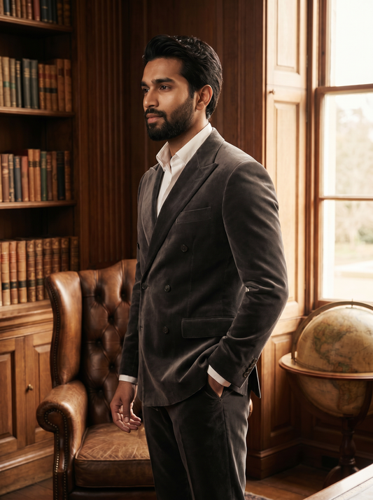 Charcoal Gray Velvet Double Breasted Suit — Custom Made to Measure - side view
