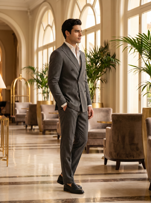 Charcoal Grey Cotton Double Breasted Suit — Custom Made to Measure - side view
