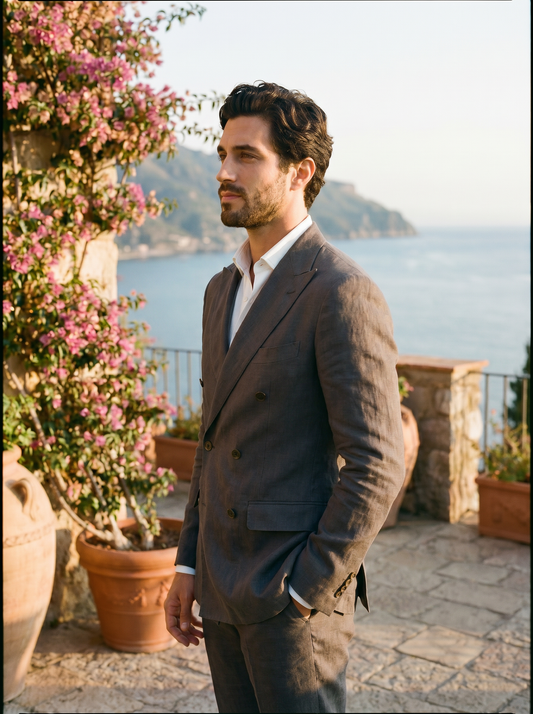 Charcoal Grey Linen Double Breasted Suit — Custom Made to Measure - side view