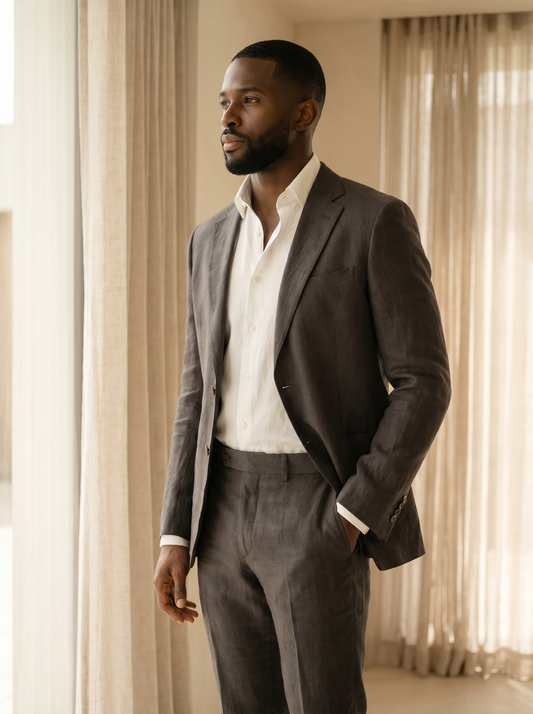 Charcoal Linen Groomsmen Suit — Custom Made to Measure - side view