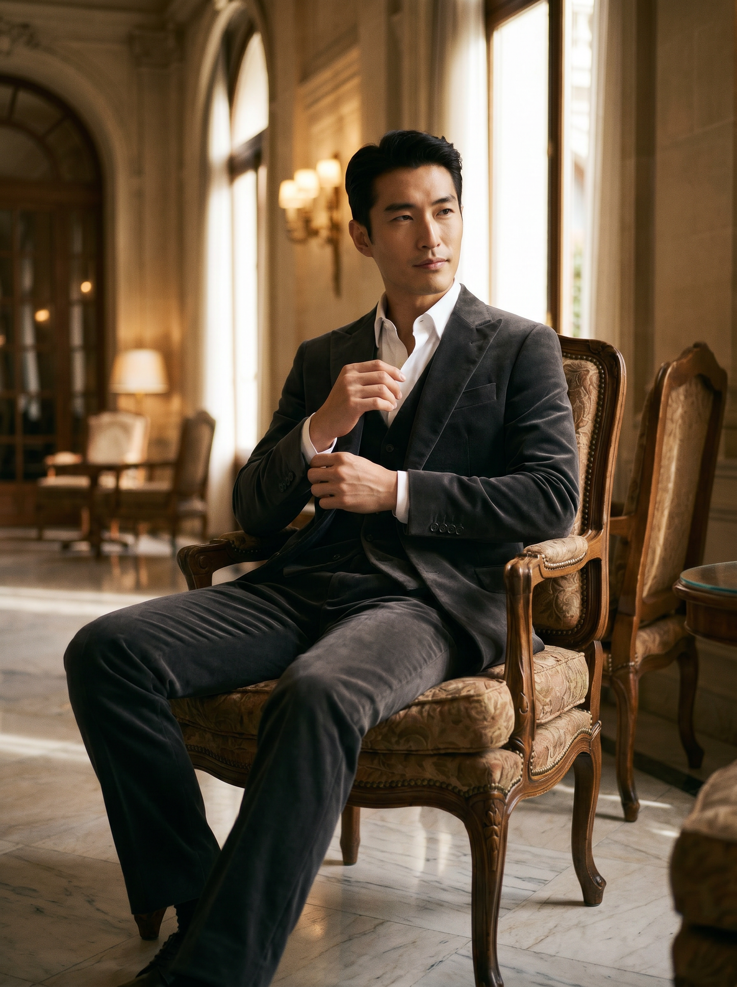 Charcoal Velvet 3-Piece Suit — Custom Made to Measure - seated view