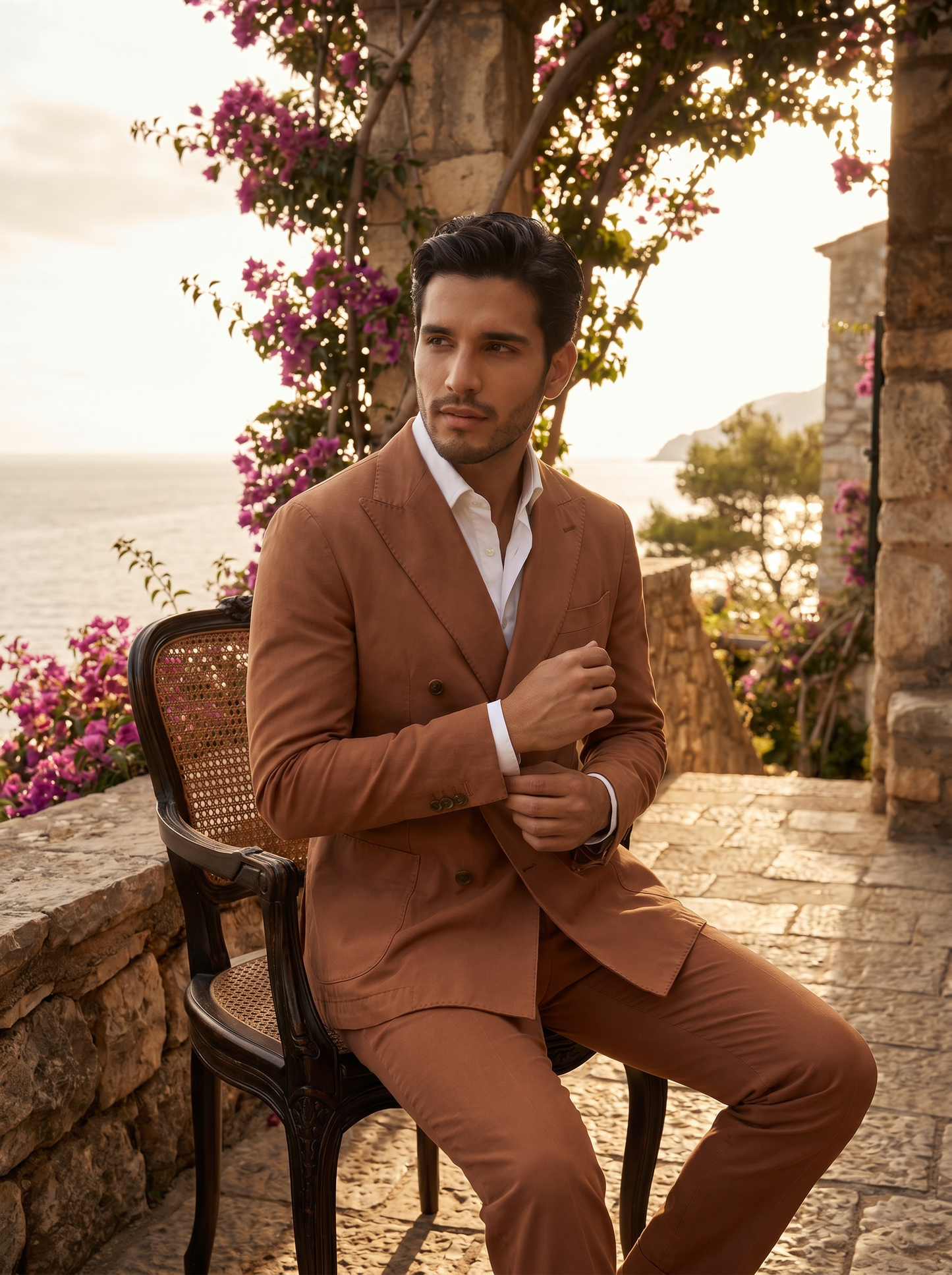 Clay Cotton Double Breasted Suit — Custom Made to Measure - seated view