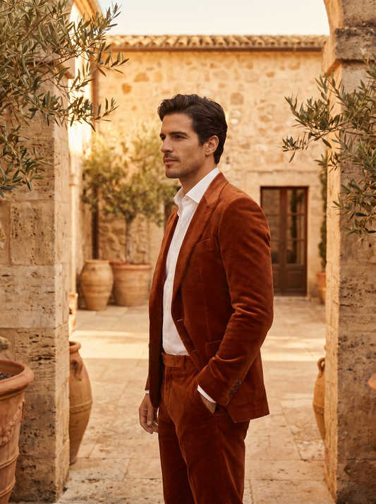 Clay Velvet Groomsmen Suit — Custom Made to Measure - side view