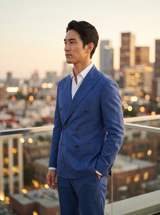 Cobalt Blue Cotton Double Breasted Suit — Custom Made to Measure - side view