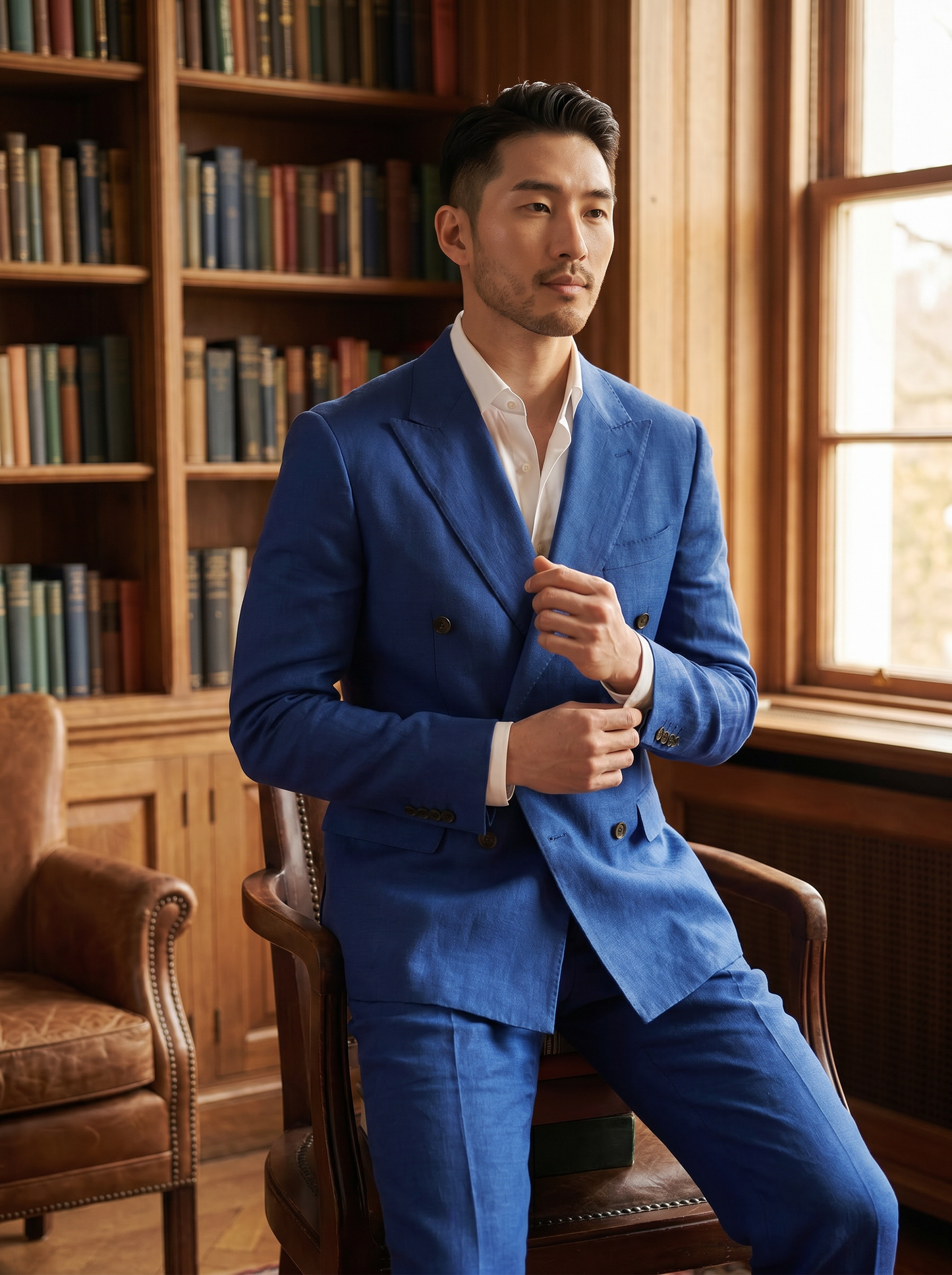 Cobalt Blue Linen Double Breasted Suit — Custom Made to Measure - seated view