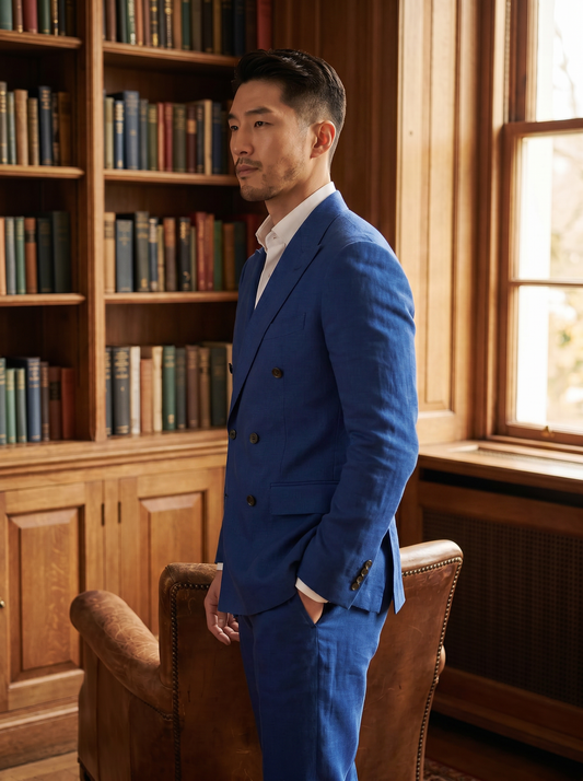Cobalt Blue Linen Double Breasted Suit — Custom Made to Measure - side view