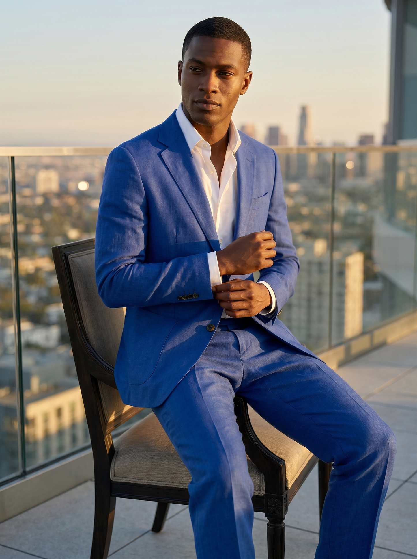 Cobalt Blue Linen Groomsmen Suit — Custom Made to Measure - seated view
