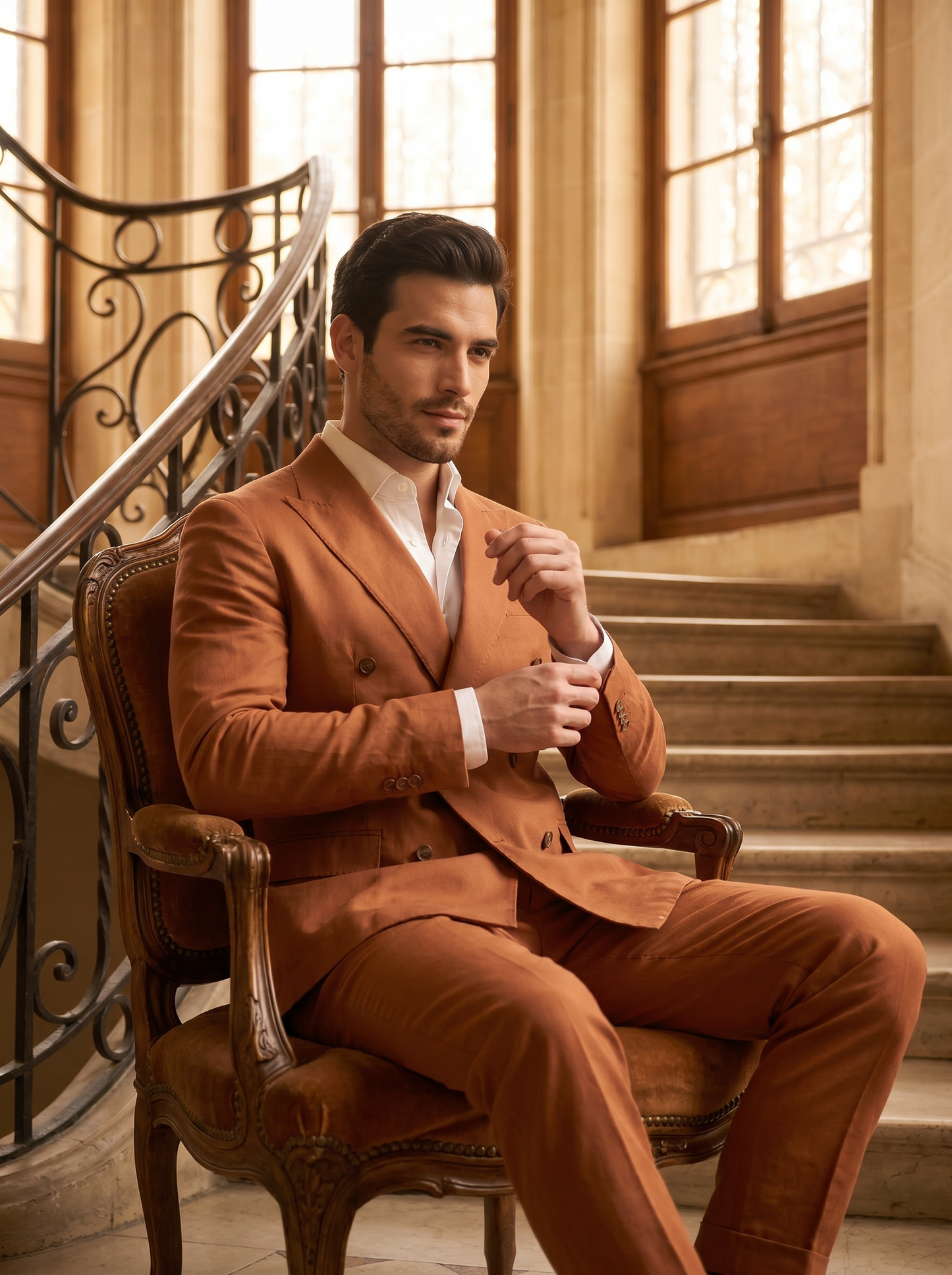 Copper Cotton Double Breasted Suit — Custom Made to Measure - seated view
