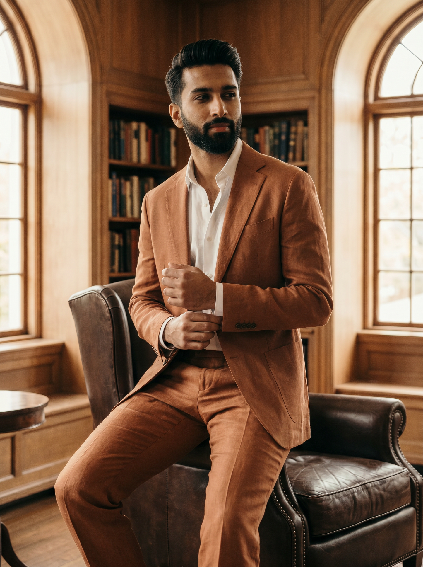 Copper Linen Suit — Custom Made to Measure - seated view