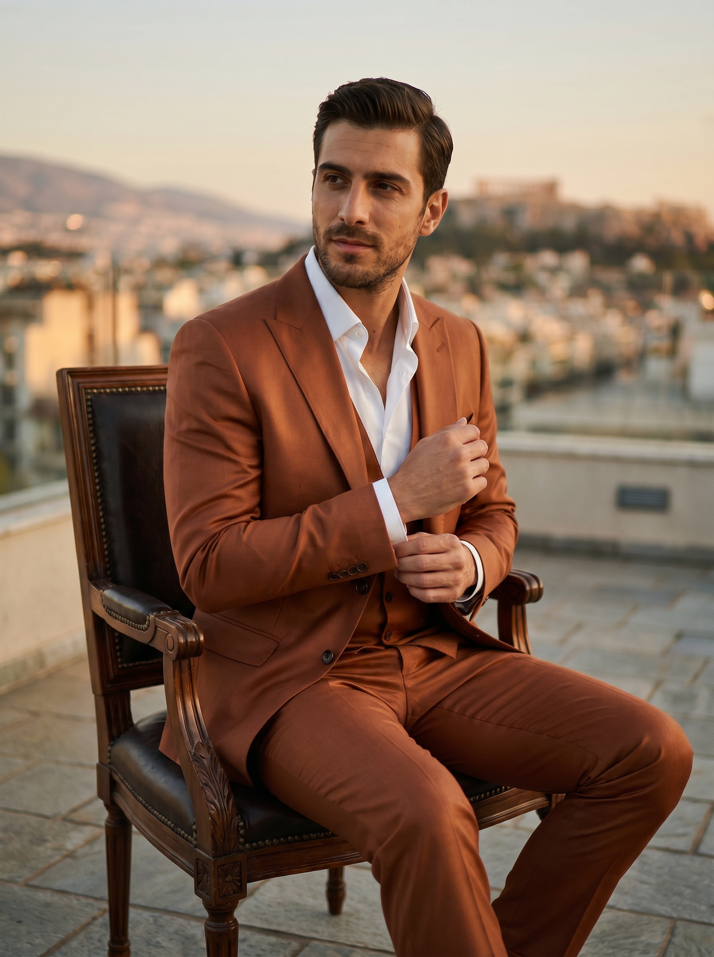 Copper Silk Blend 3-Piece Suit — Custom Made to Measure - seated view