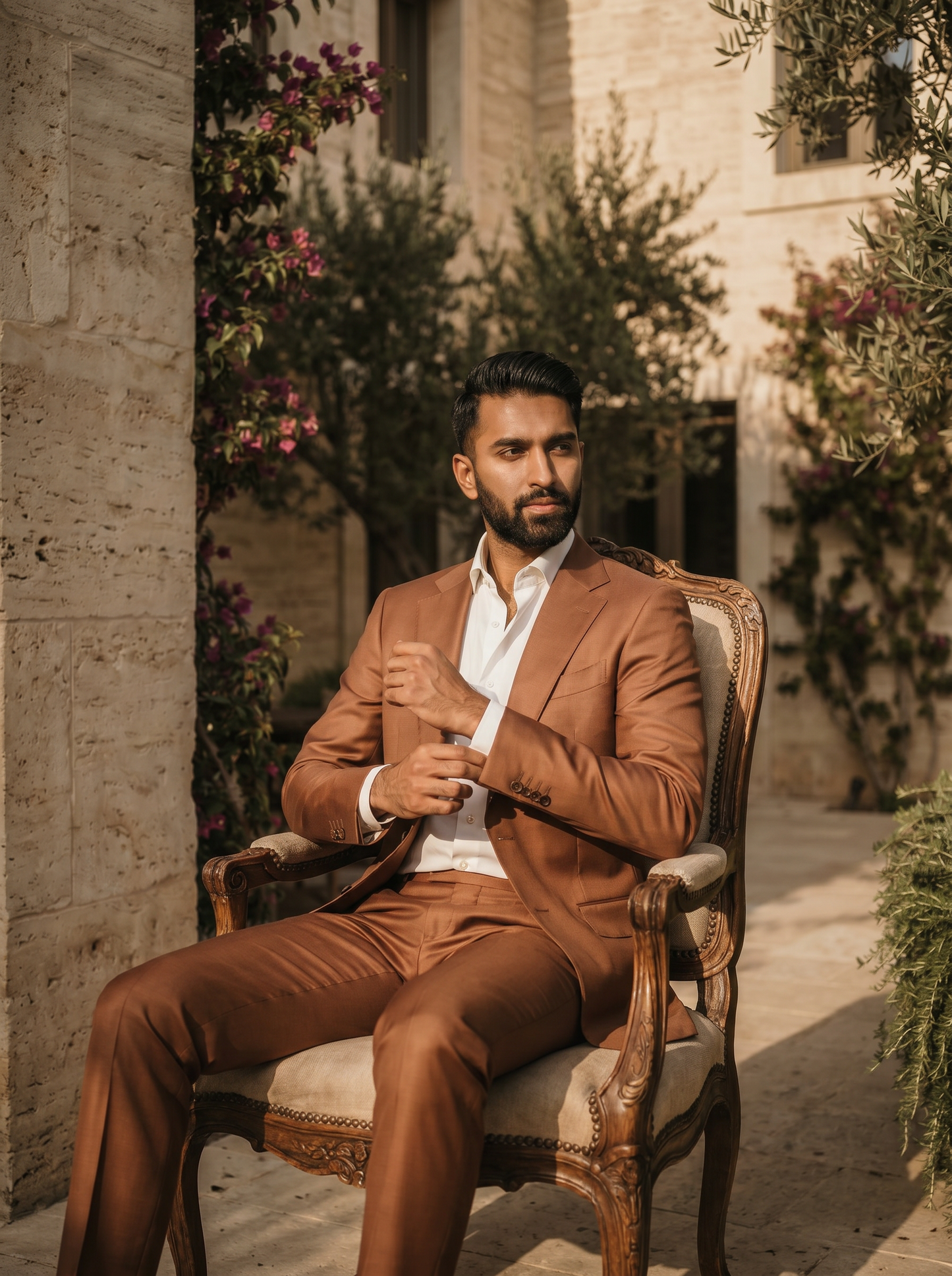 Copper Silk Blend Suit — Custom Made to Measure - seated view