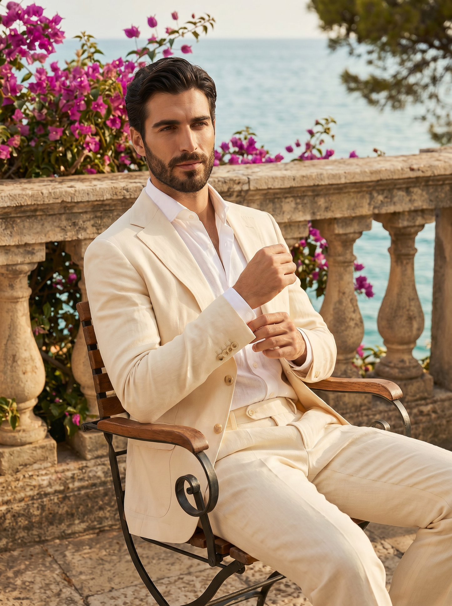 Cream Linen Suit — Custom Made to Measure - seated view