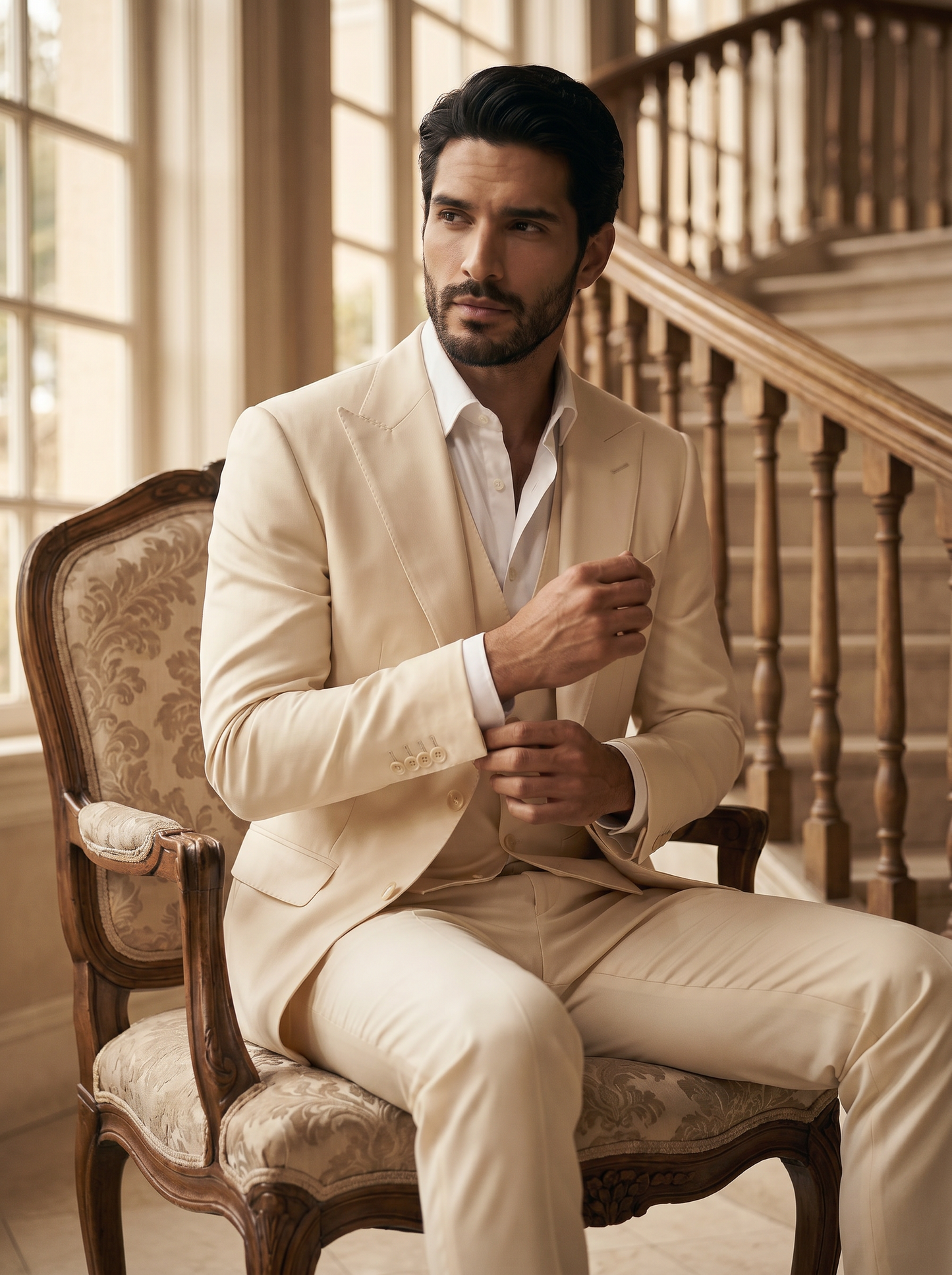 Cream Silk Blend 3-Piece Suit — Custom Made to Measure - seated view