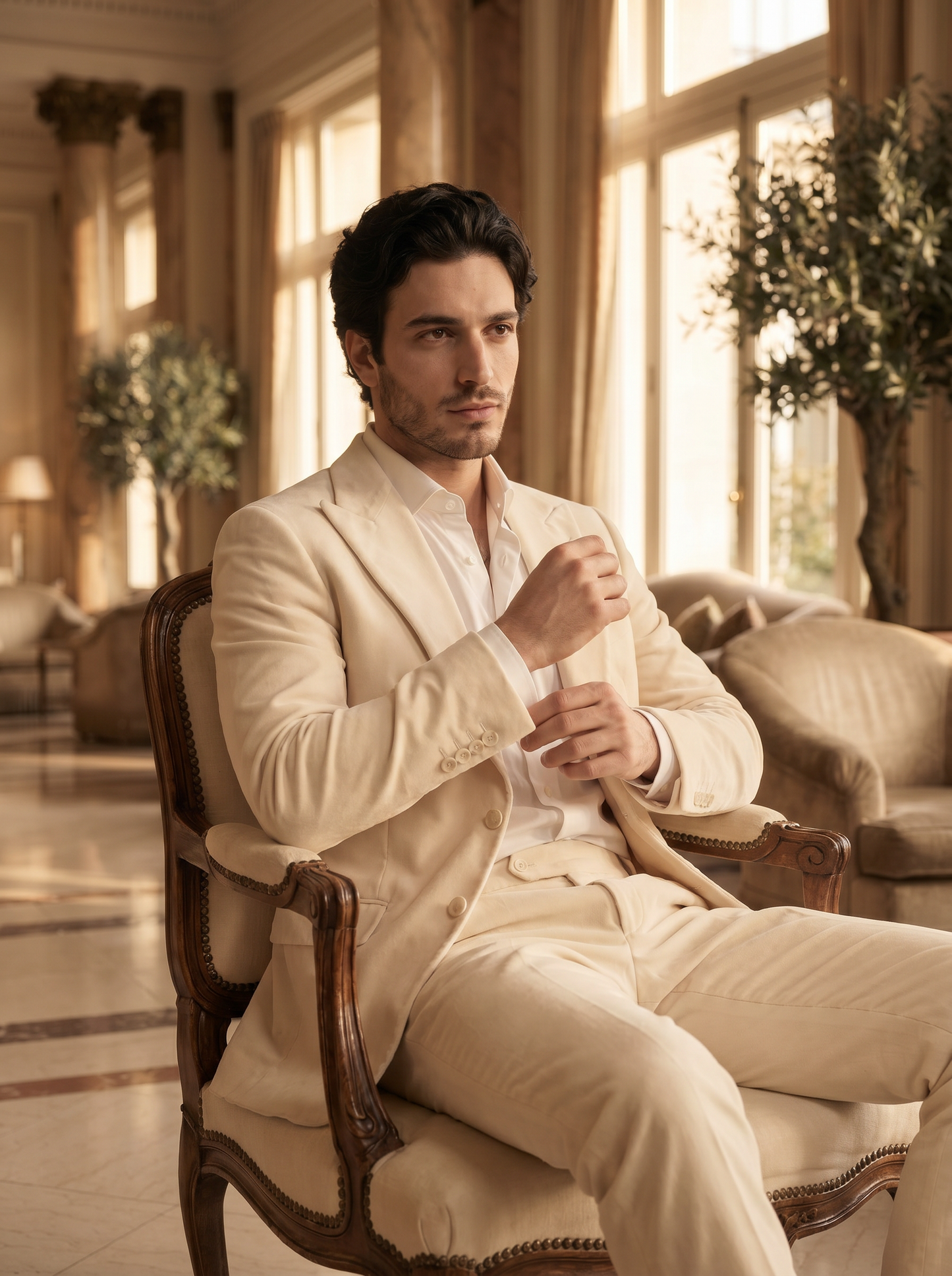 Cream Velvet Suit — Custom Made to Measure - seated view