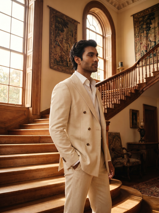 Cream Wool Double Breasted Suit — Custom Made to Measure - side view
