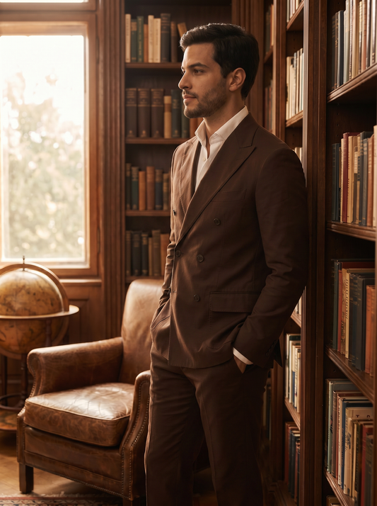 Deep Chocolate Brown Cotton Double Breasted Suit — Custom Made to Measure - side view
