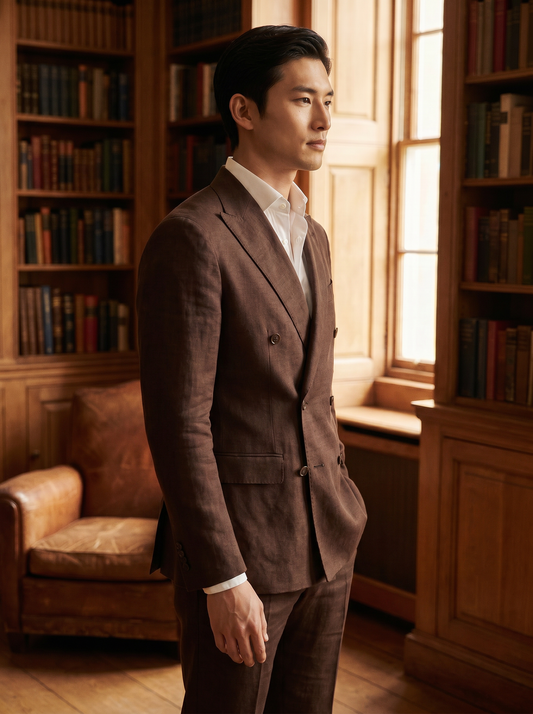 Deep Chocolate Brown Linen Double Breasted Suit — Custom Made to Measure - side view