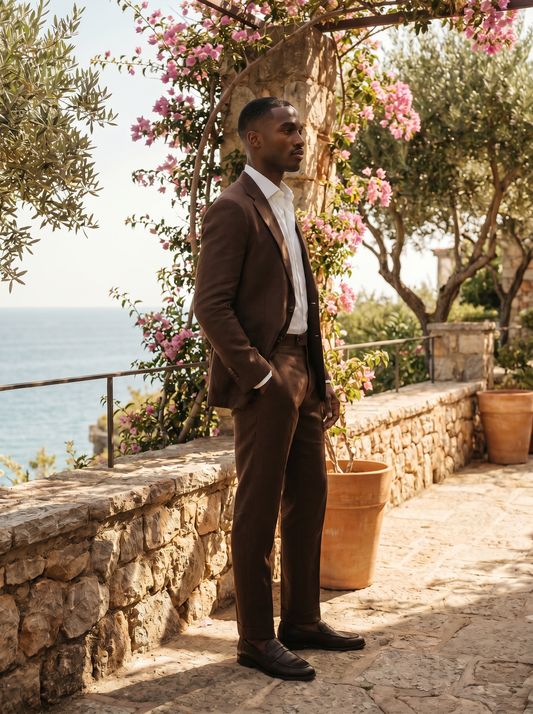 Deep Chocolate Brown Linen Groomsmen Suit — Custom Made to Measure - side view