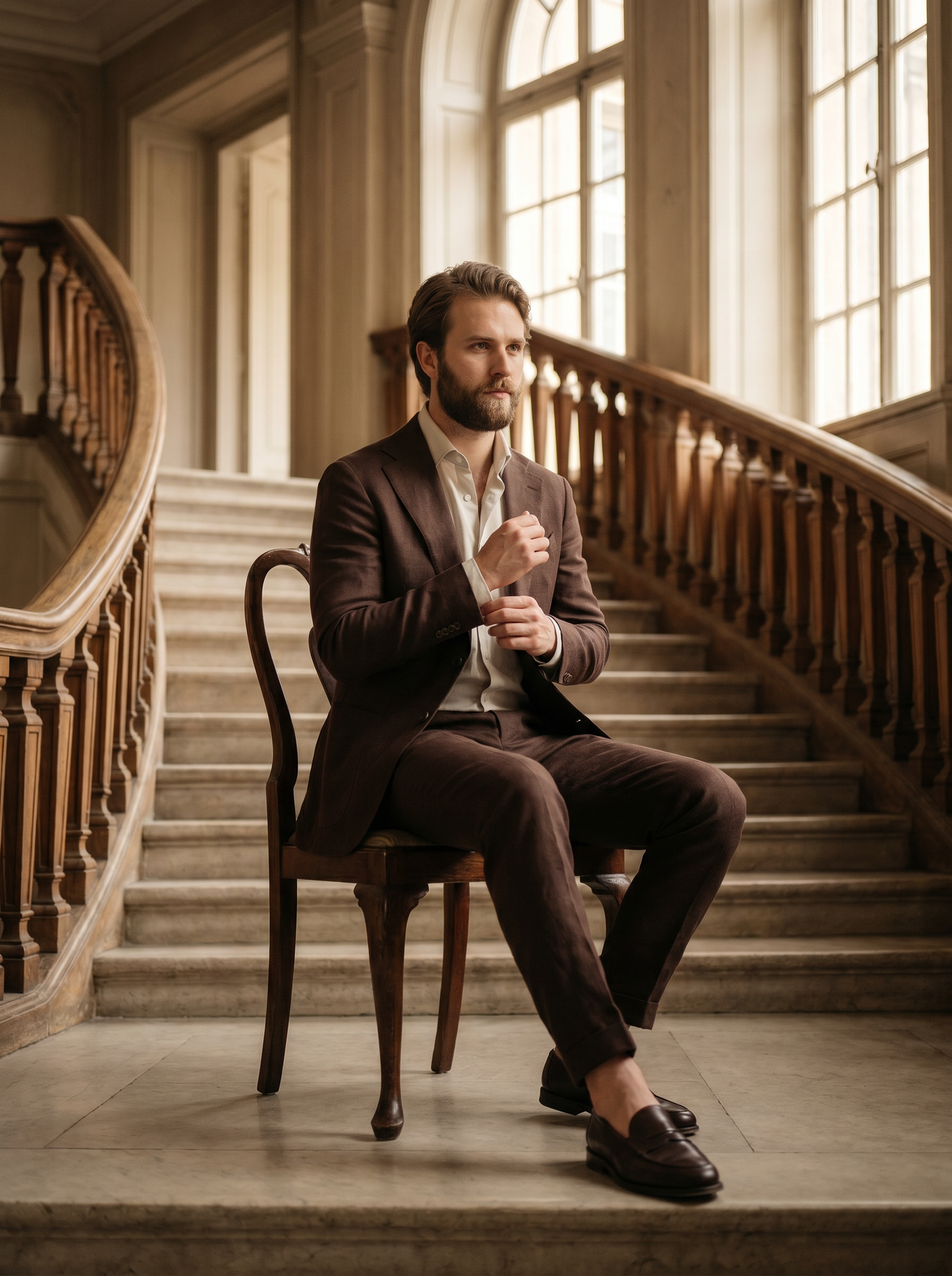 Deep Chocolate Brown Linen Suit — Custom Made to Measure - seated view