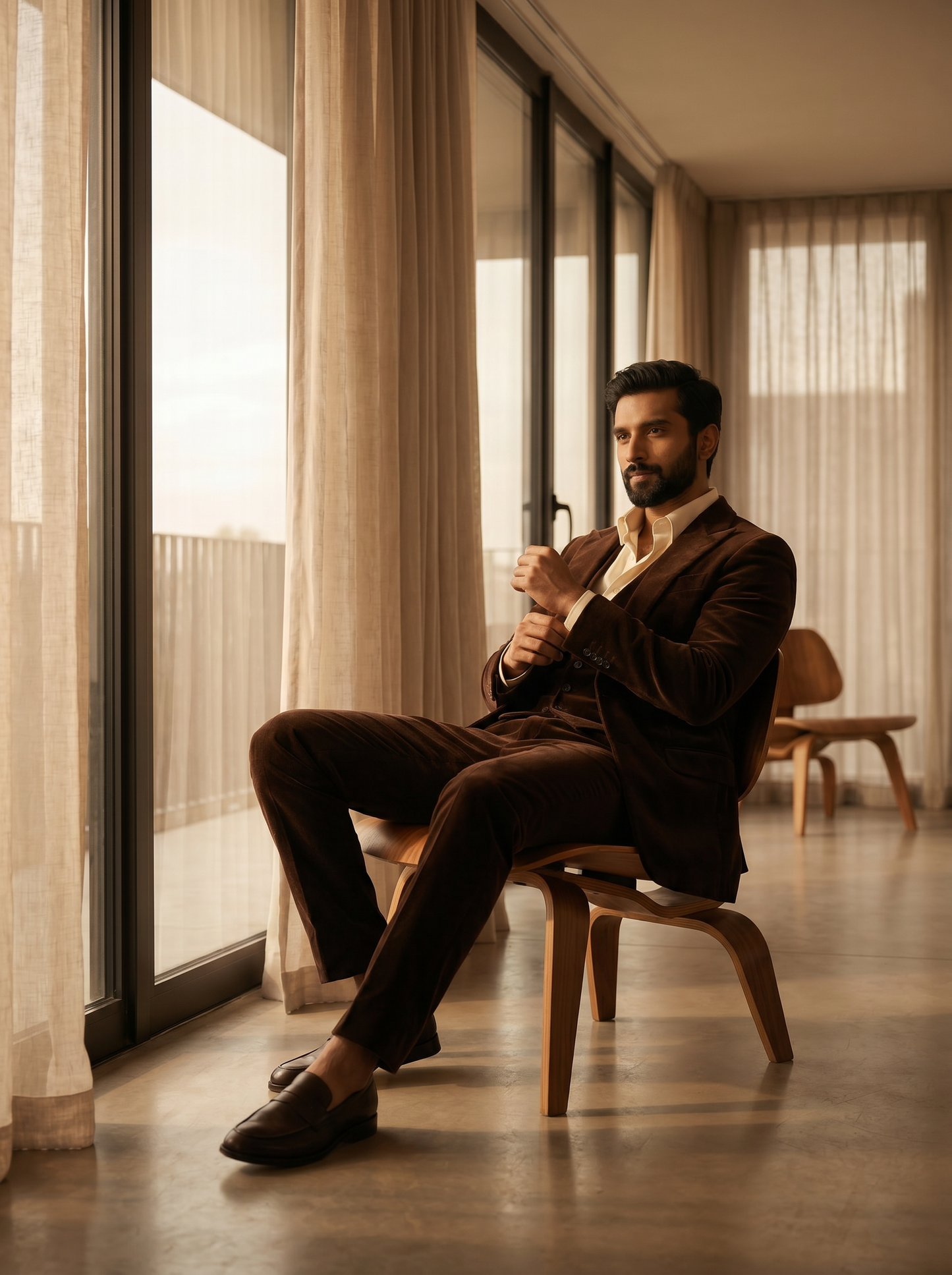 Deep Chocolate Brown Velvet 3-Piece Suit — Custom Made to Measure - seated view