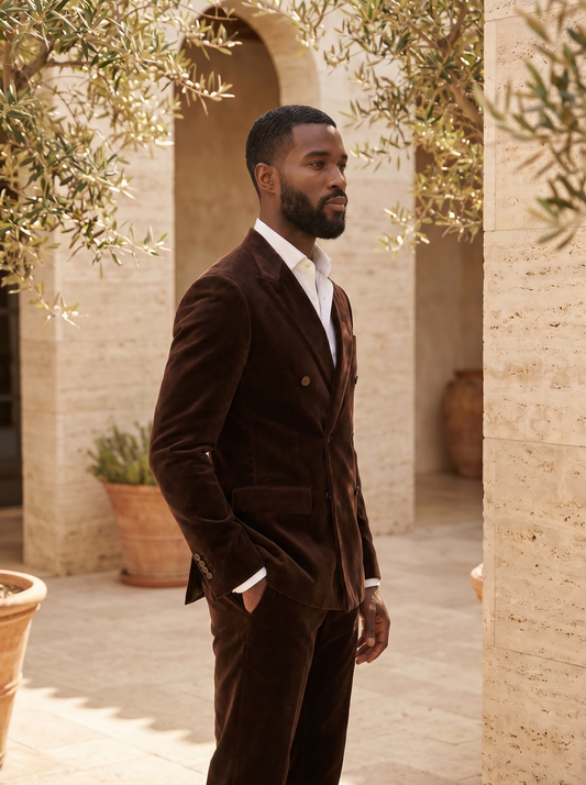 Deep Chocolate Brown Velvet Double Breasted Suit — Custom Made to Measure - side view