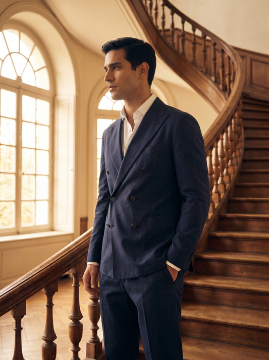 Deep Navy Cotton Double Breasted Suit — Custom Made to Measure - side view