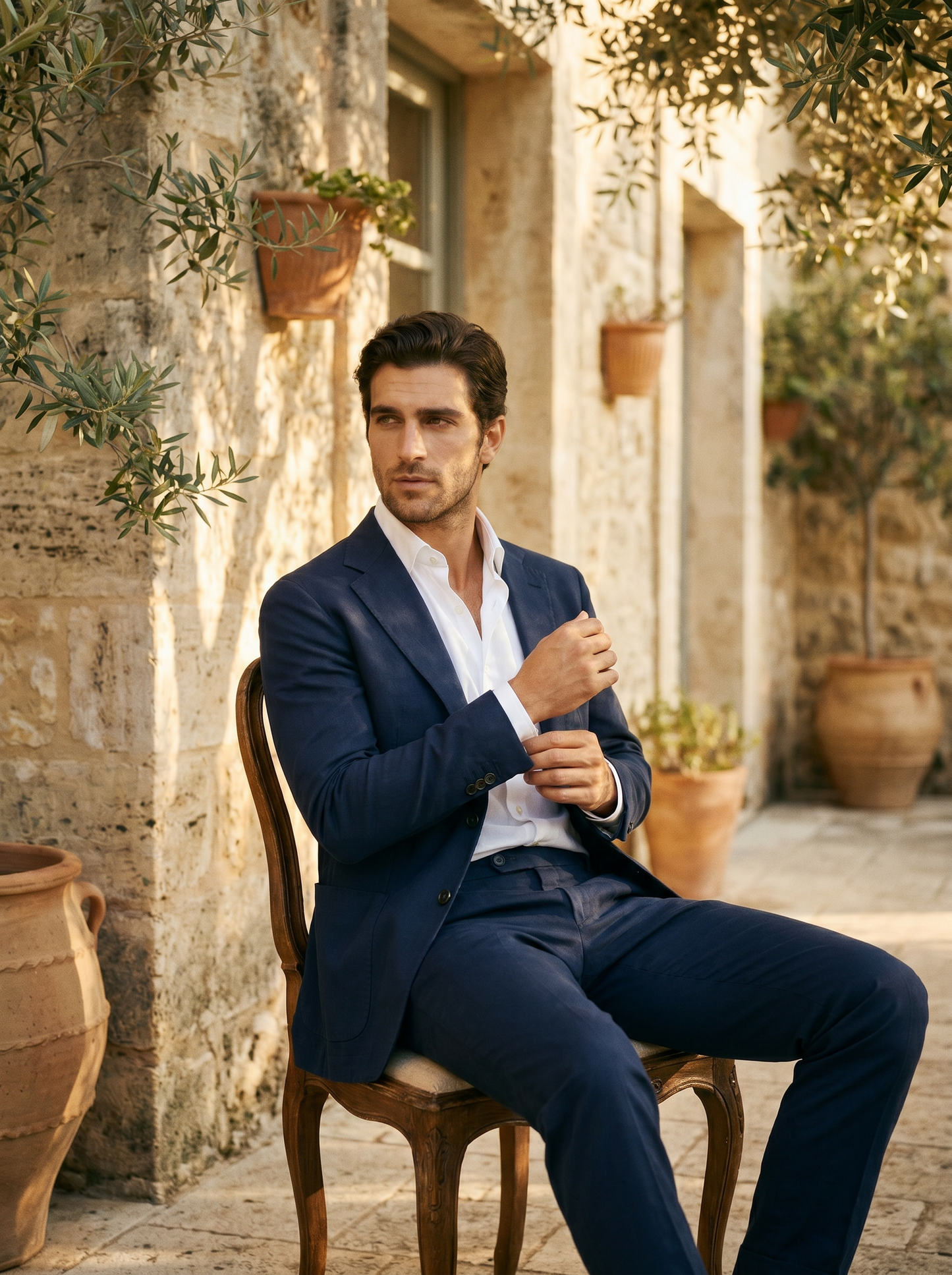 Deep Navy Cotton Suit — Custom Made to Measure - seated view