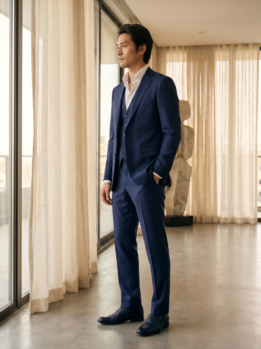Deep Navy Silk Blend 3-Piece Suit — Custom Made to Measure - side view