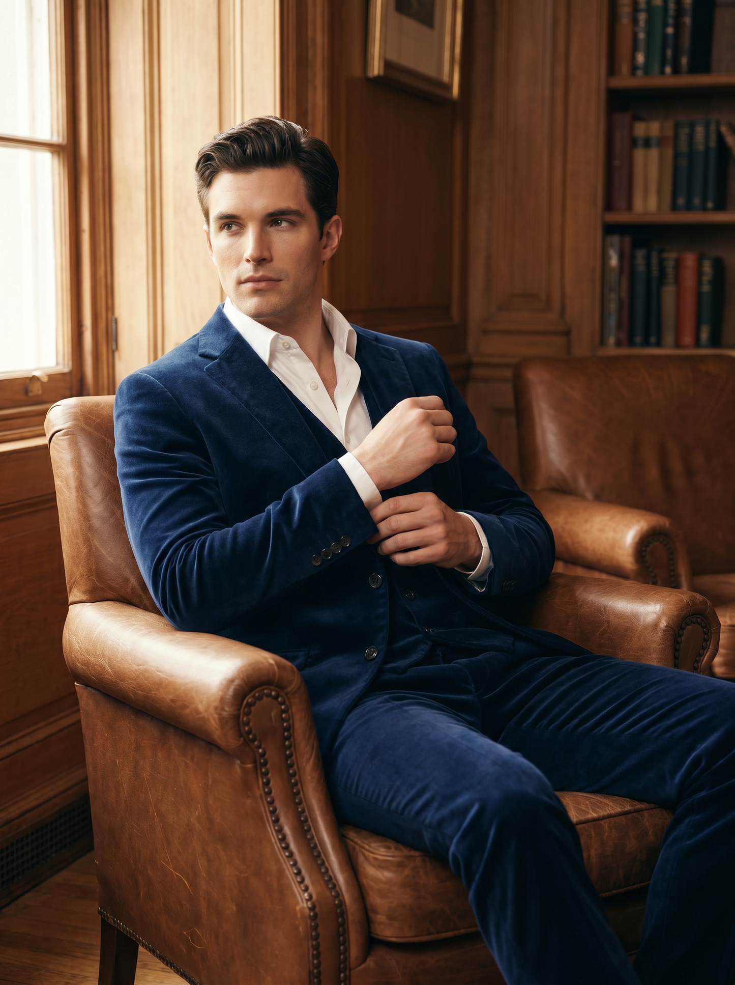 Deep Navy Velvet 3-Piece Suit — Custom Made to Measure - seated view