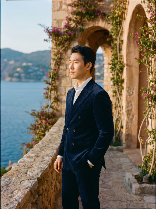 Deep Navy Velvet Double Breasted Suit — Custom Made to Measure - side view