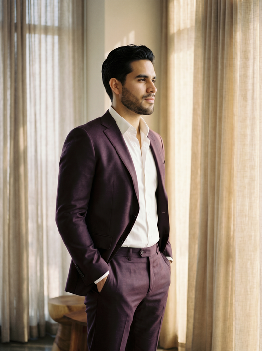 Deep Plum Wool Black Tie Suit — Custom Made to Measure - side view