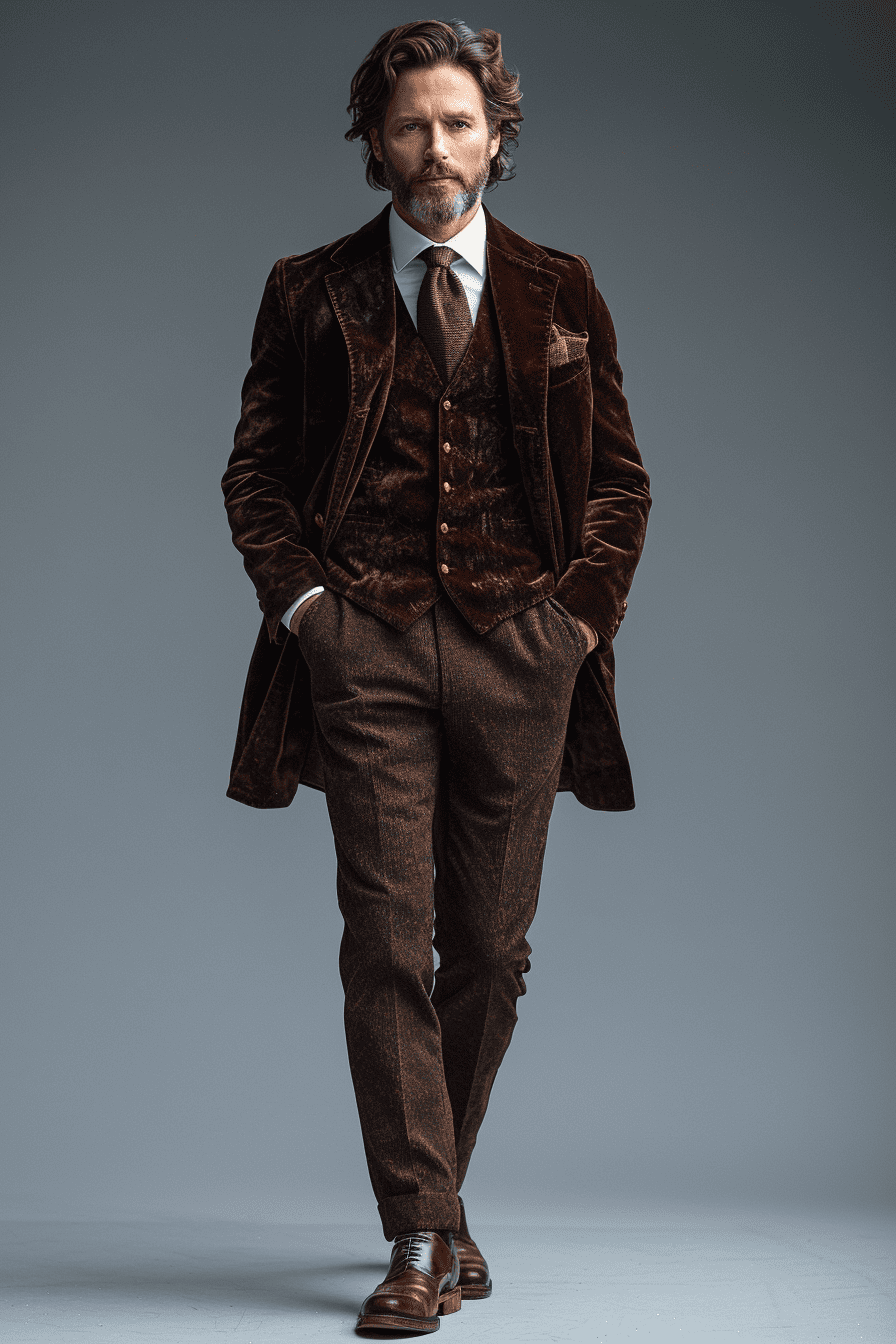 Deep Chocolate Brown Velvet Cocktail Party Suit — Custom Made to Measure