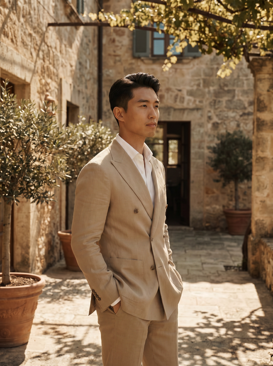 Desert Sand Linen Double Breasted Suit — Custom Made to Measure - side view