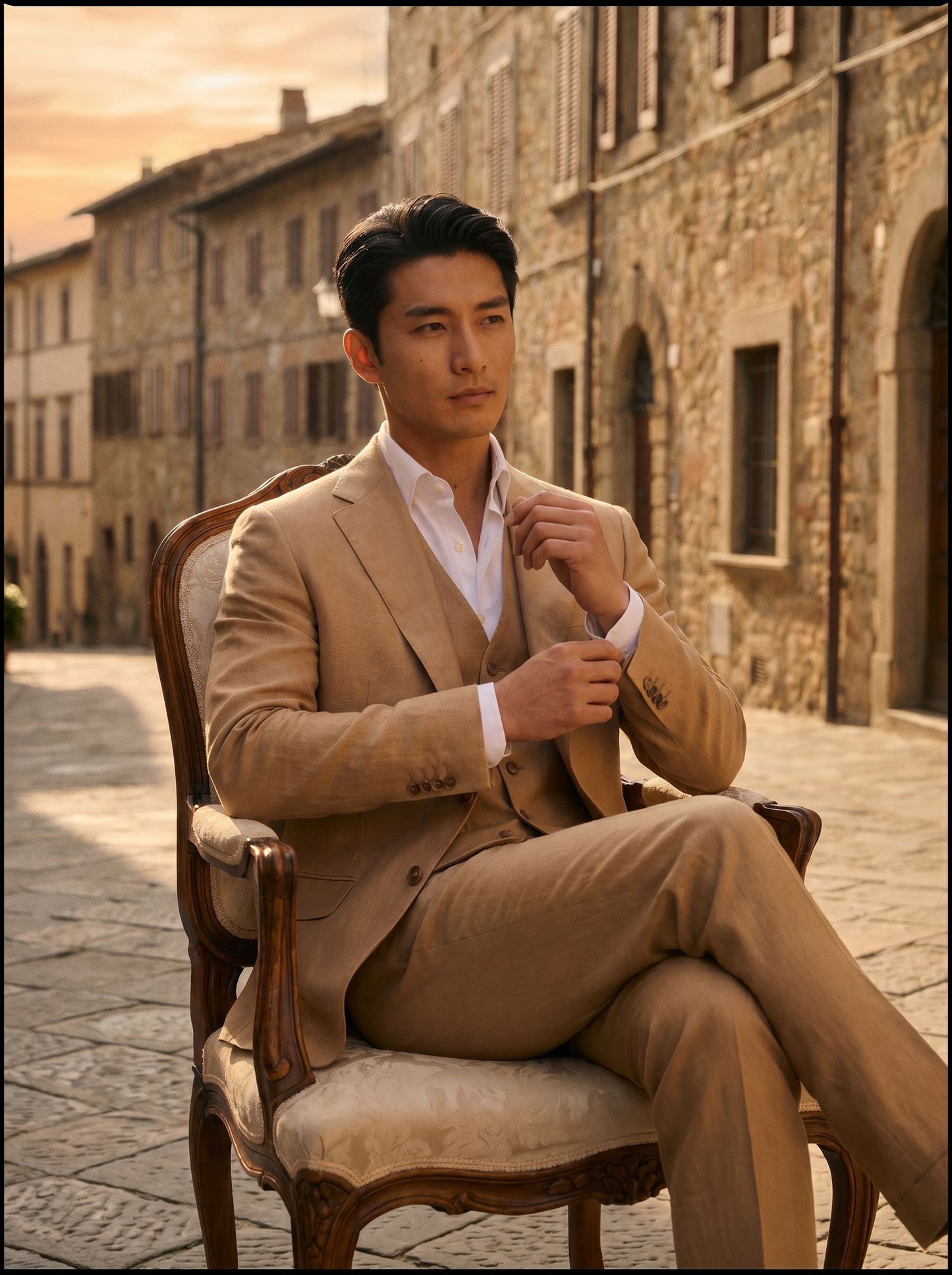 Desert Sand Silk Blend 3-Piece Suit — Custom Made to Measure - seated view