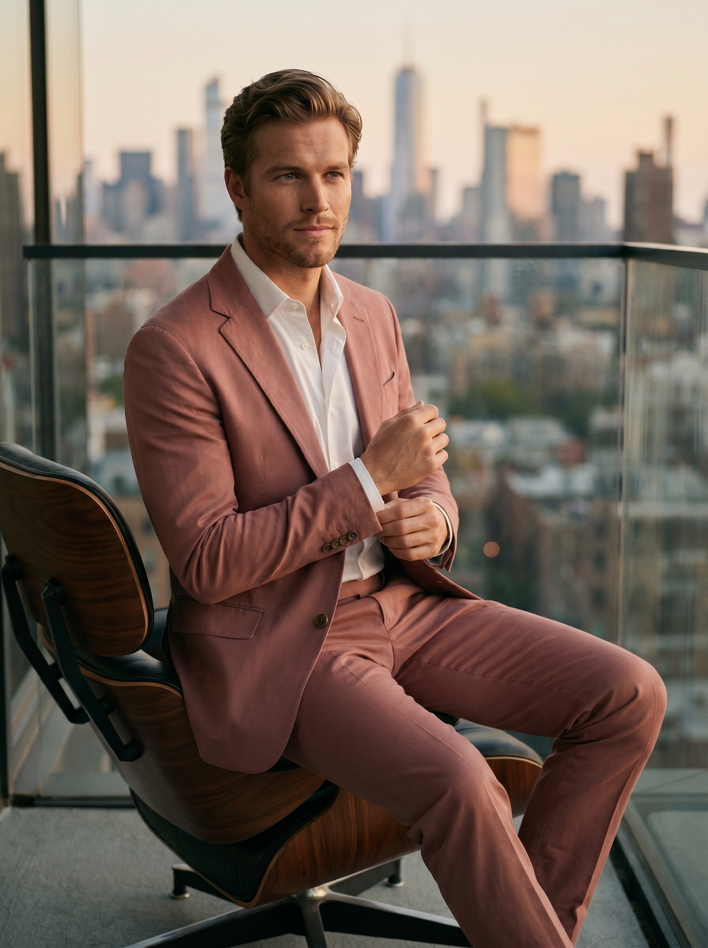 Dusty Rose Cotton Suit — Custom Made to Measure - seated view